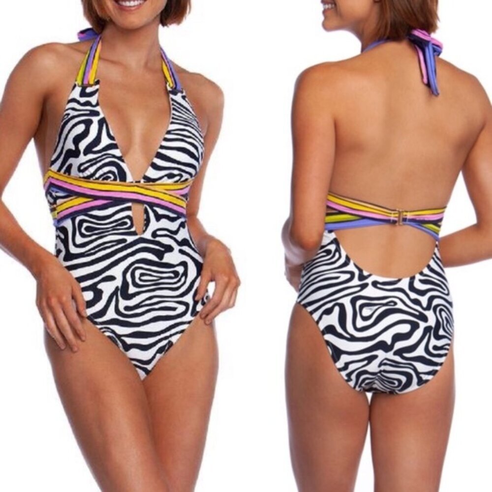 NWT Trina Turk Women's V-Front Keyhole Halter Zebra One Piece Swimsuit